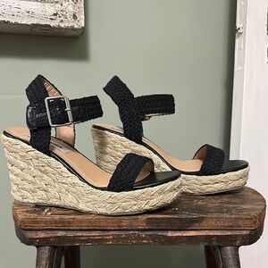 Steve Madden Brussel Black Braided Fabric and Jute Wedge Espadrille Sandals